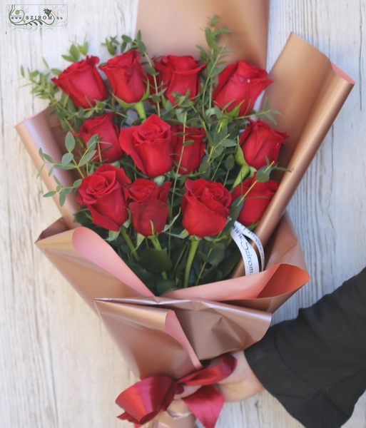 flower delivery Budapest - Red roses in modern bouquet (12 stems)