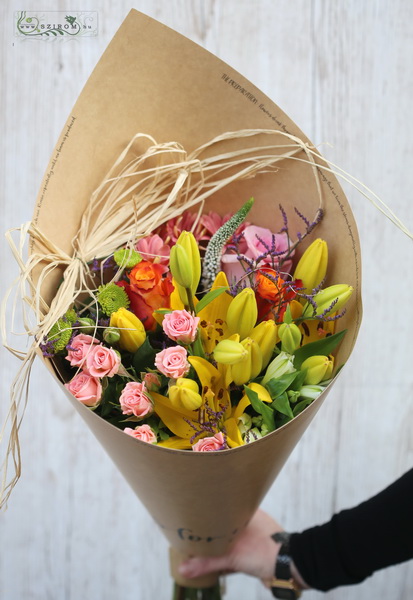 flower delivery Budapest - Colorful bouquet with lilies in paper cone (11 stems)