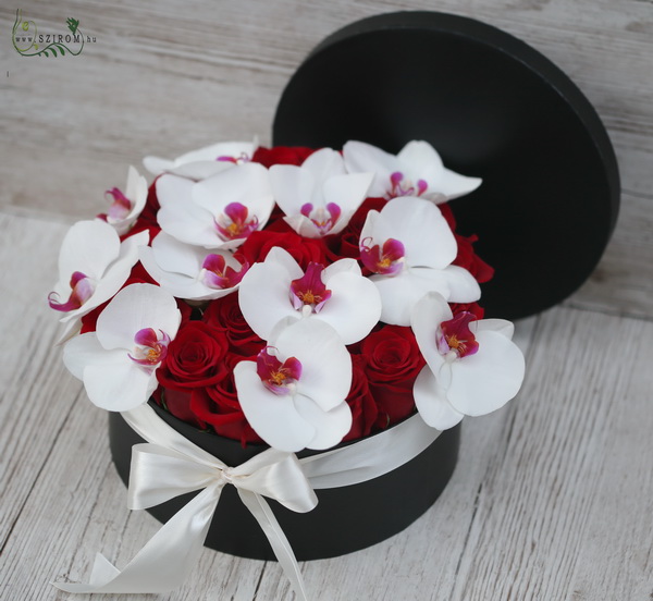 Blumenlieferung nach Budapest - 25 rote Rosen mit 12 Phalaenopsis-Orchideen, in einer Box