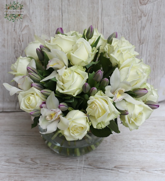 flower delivery Budapest - Glass ball with tulips , orchids, roses (44 stems)