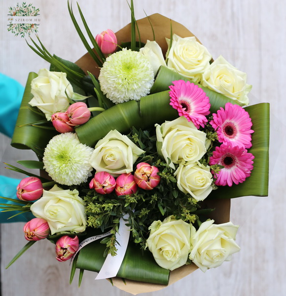 flower delivery Budapest - Structured bouquet with white roses, pink tulips (24 stems)