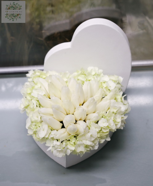 flower delivery Budapest - white tulip heart with hydrangeas