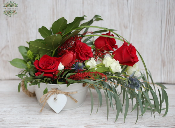 flower delivery Budapest -  red rose arrangement with tulips (12 strands)