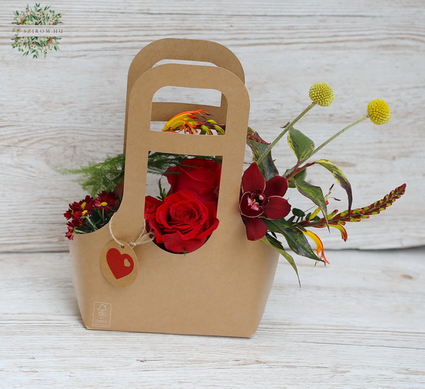 flower delivery Budapest - Red rose bag bouquet with interesting flowers , orchids