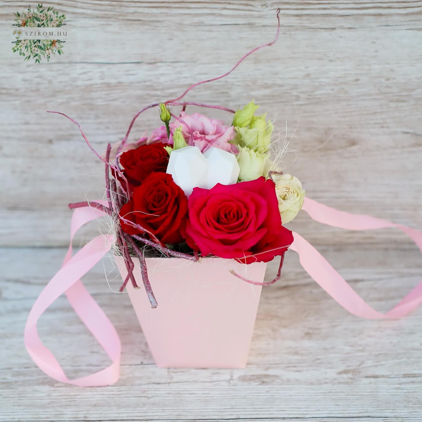 flower delivery Budapest - Small bag bouquet with pink flowers, red rose, and heart (6 stems)