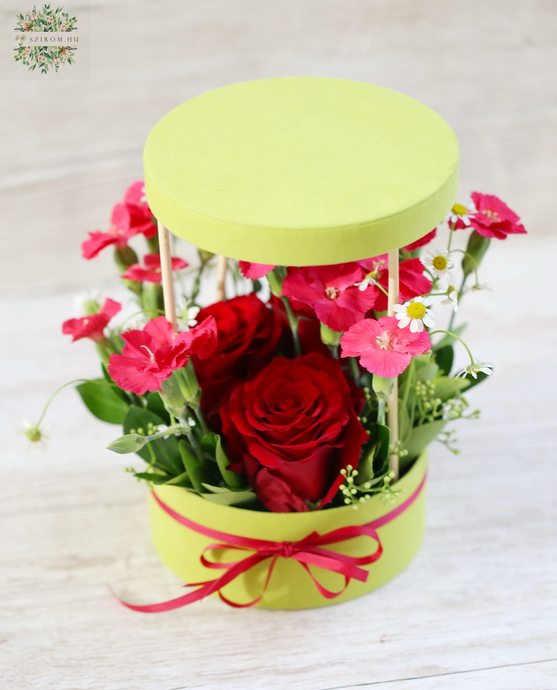 flower delivery Budapest - Small box with 3 red roses, solomio dianthusses, chamomiles