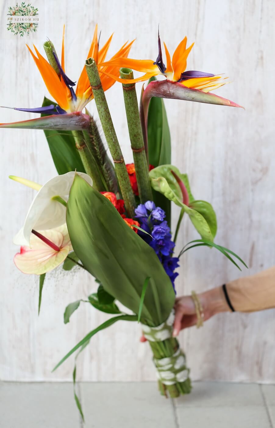 Blumenlieferung nach Budapest - Parallelstrauß mit Strelitzien, Anthurien