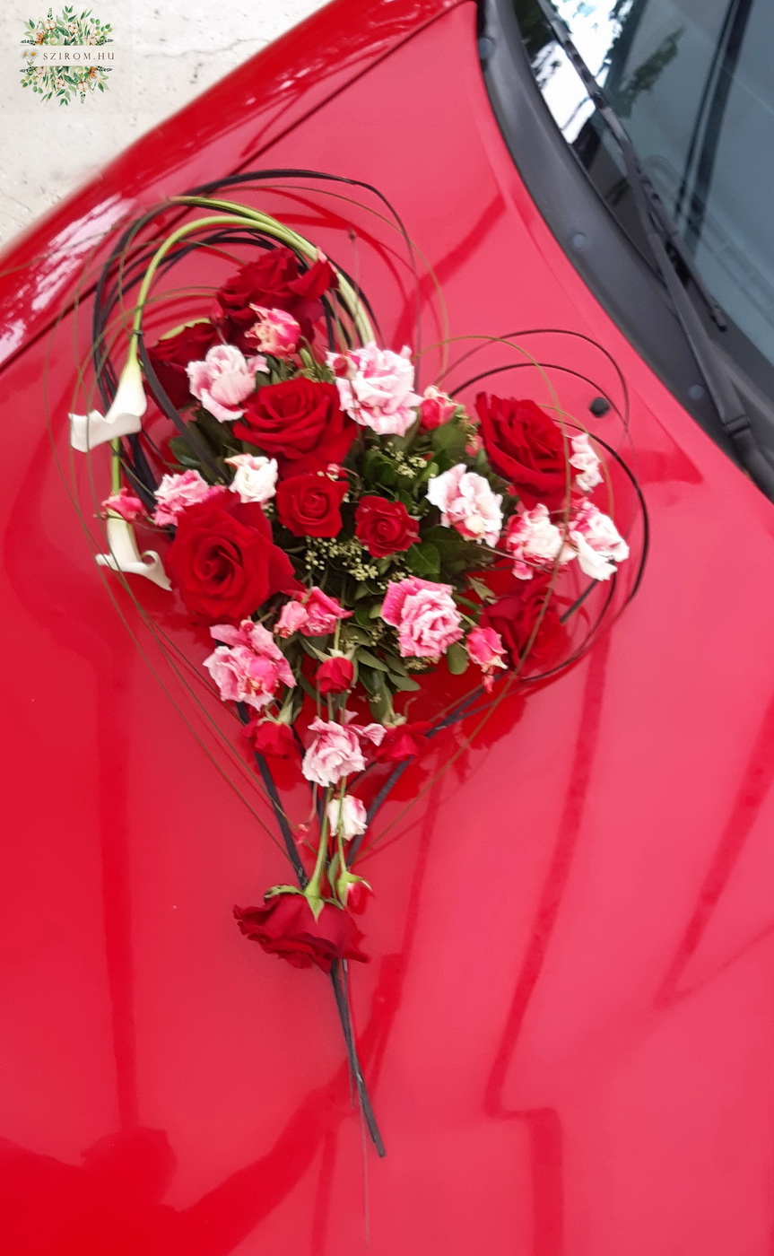 flower delivery Budapest - Heart shaped modern car decor with red roses, callas, lisianthusses