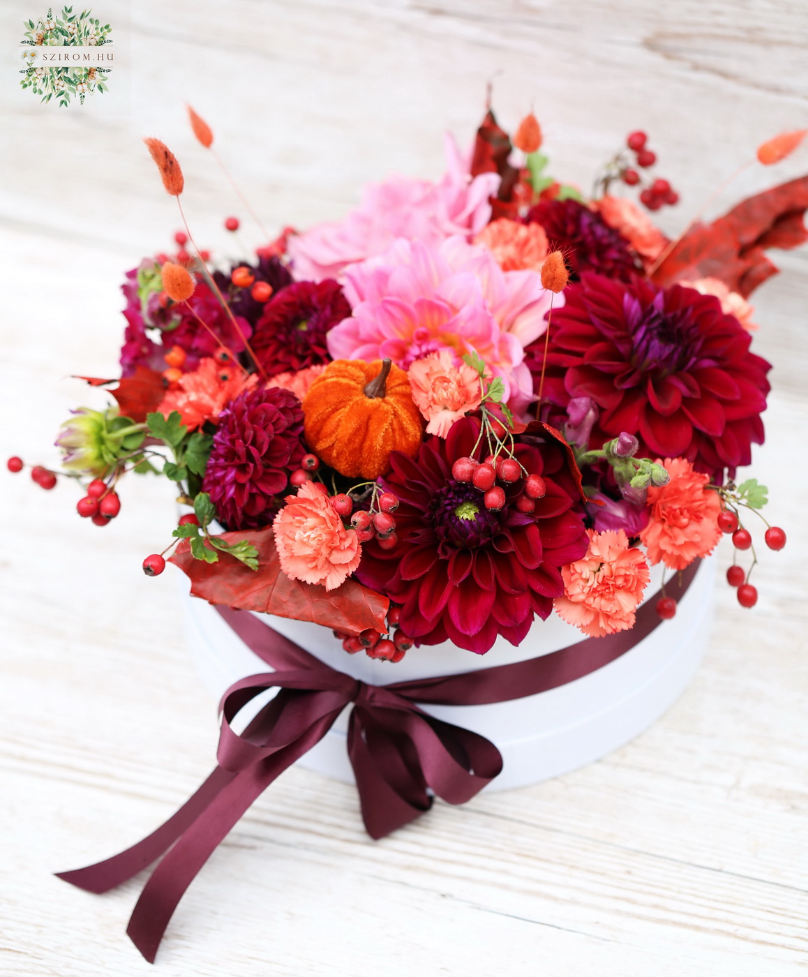 Blumenlieferung nach Budapest - Dahlia Box mit Kürbis, Beeren