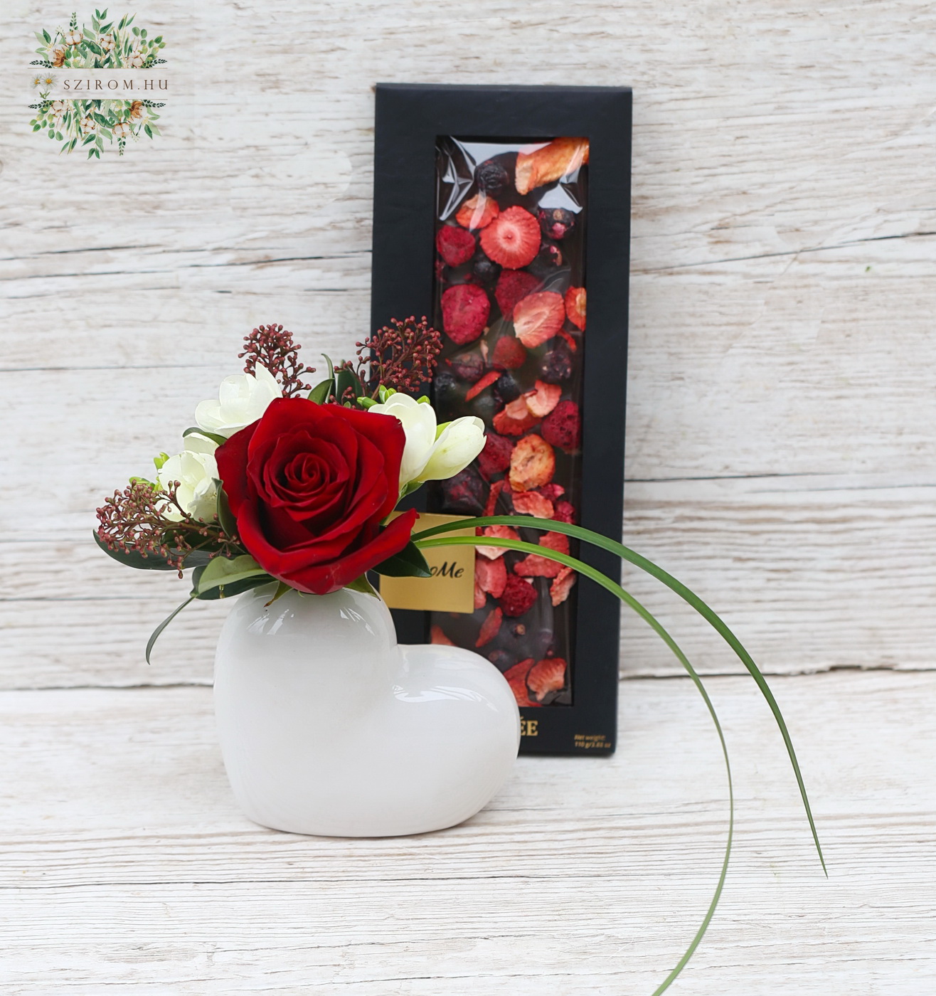 flower delivery Budapest - Heart vase with freesias, red rose, skimmia, Choco Me chocolate