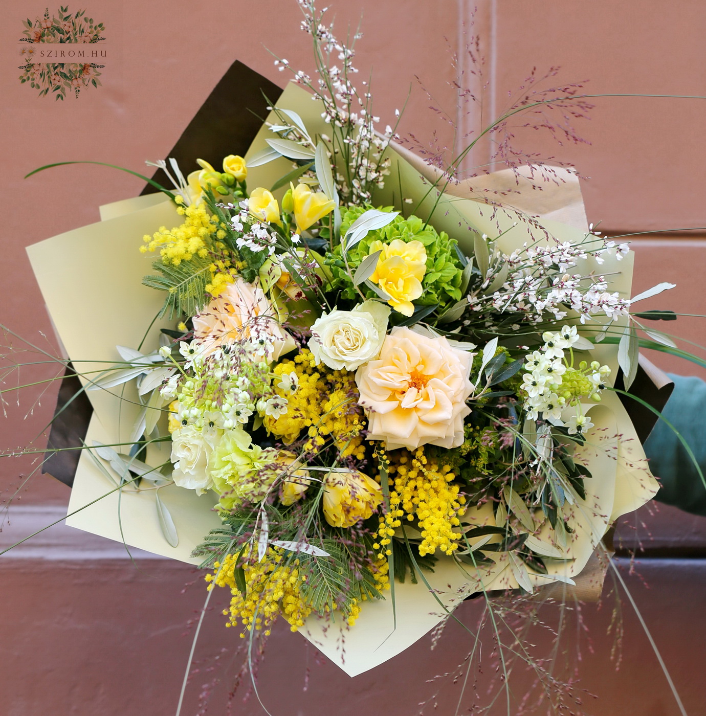 flower delivery Budapest - Big airy bouquet with mimosas, tulips, roses, orchid (31 stem)