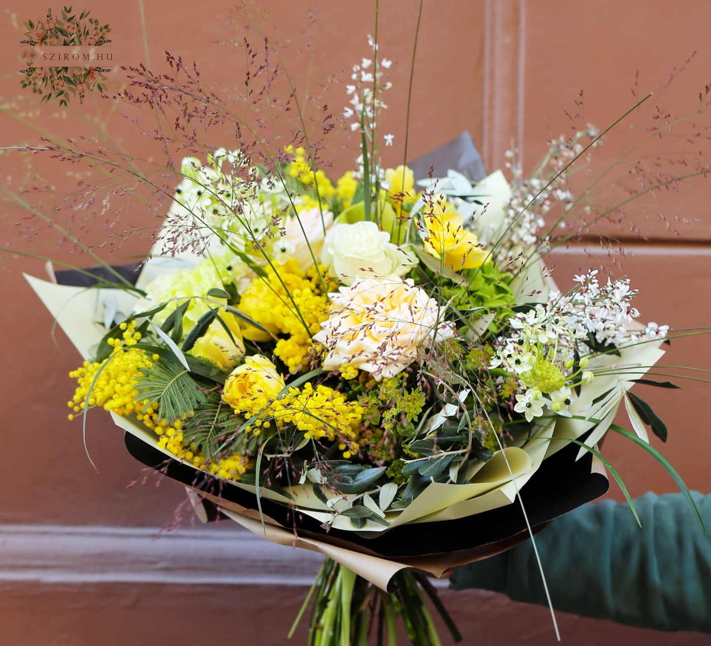 flower delivery Budapest - Big airy bouquet with mimosas, tulips, roses, orchid (31 stem)