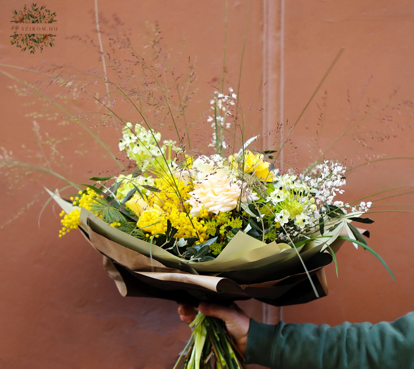 flower delivery Budapest - Big airy bouquet with mimosas, tulips, roses, orchid (31 stem)