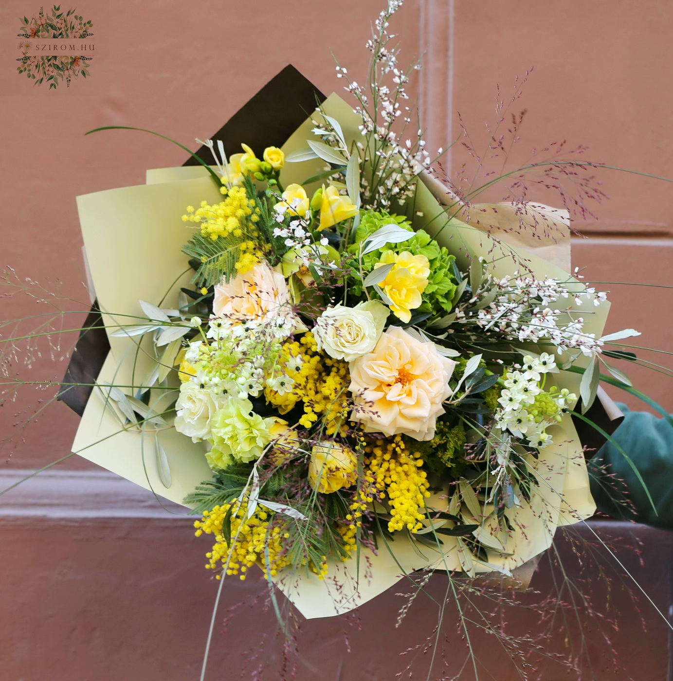 flower delivery Budapest - Big airy bouquet with mimosas, tulips, roses, orchid (31 stem)