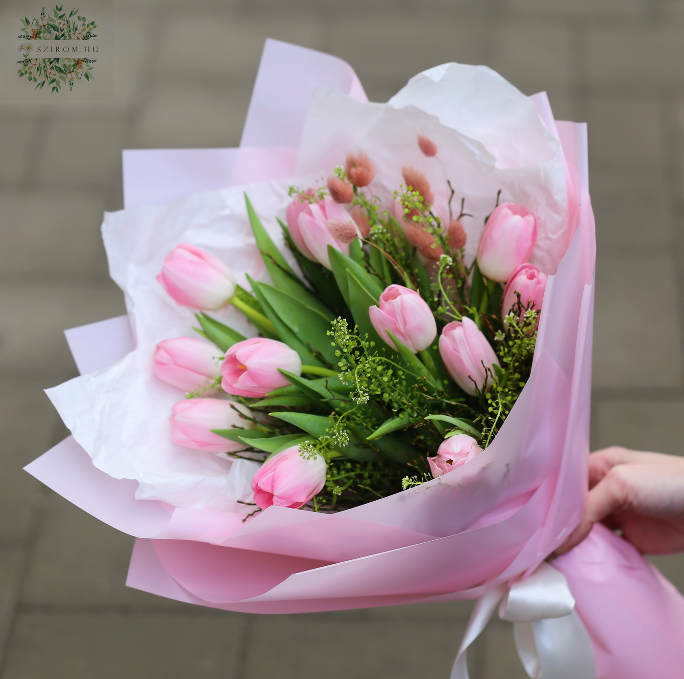 flower delivery Budapest - Pink tulips with bunny ears, and fluffy paper (13 stems)