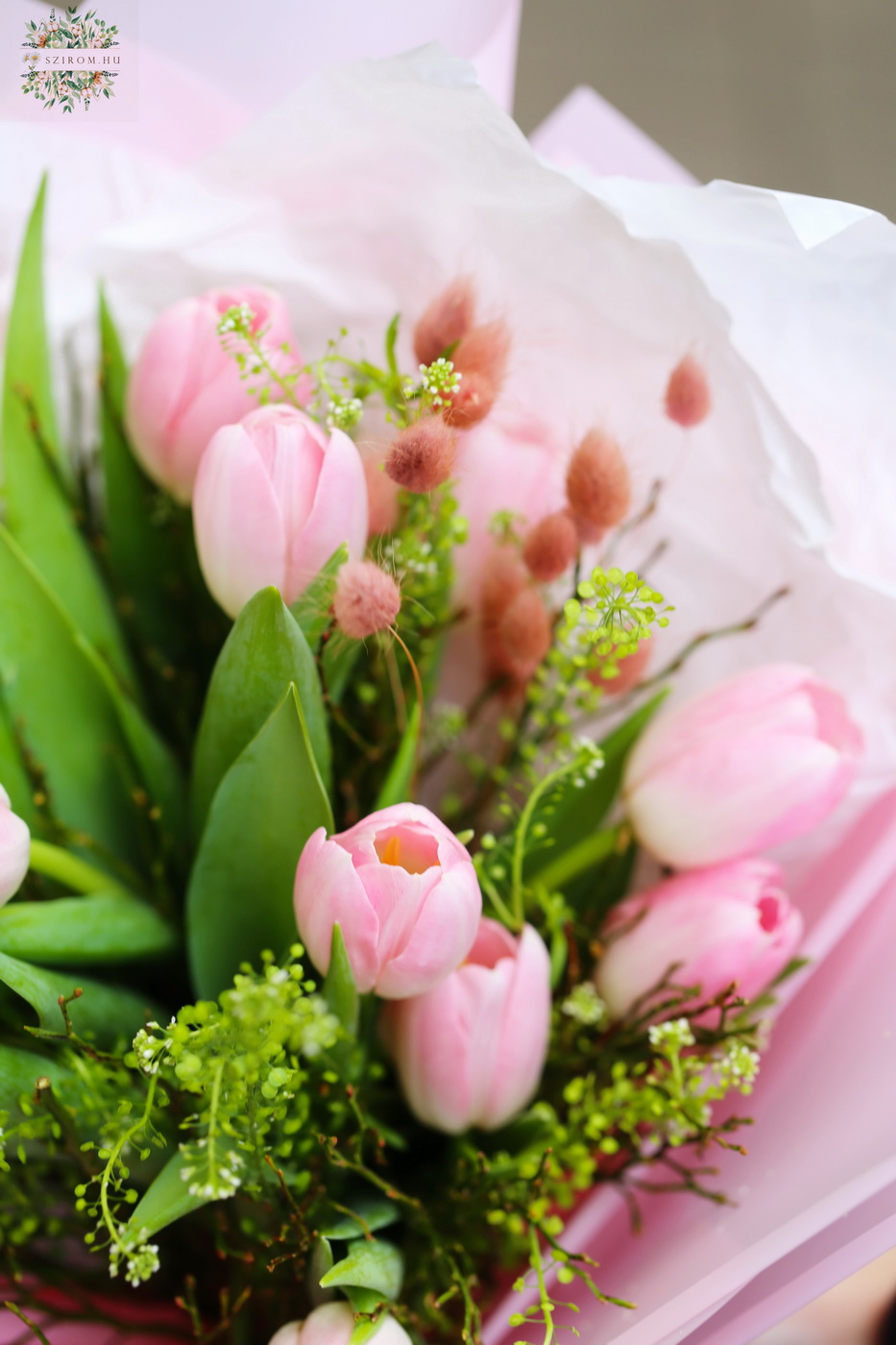 flower delivery Budapest - Pink tulips with bunny ears, and fluffy paper (13 stems)