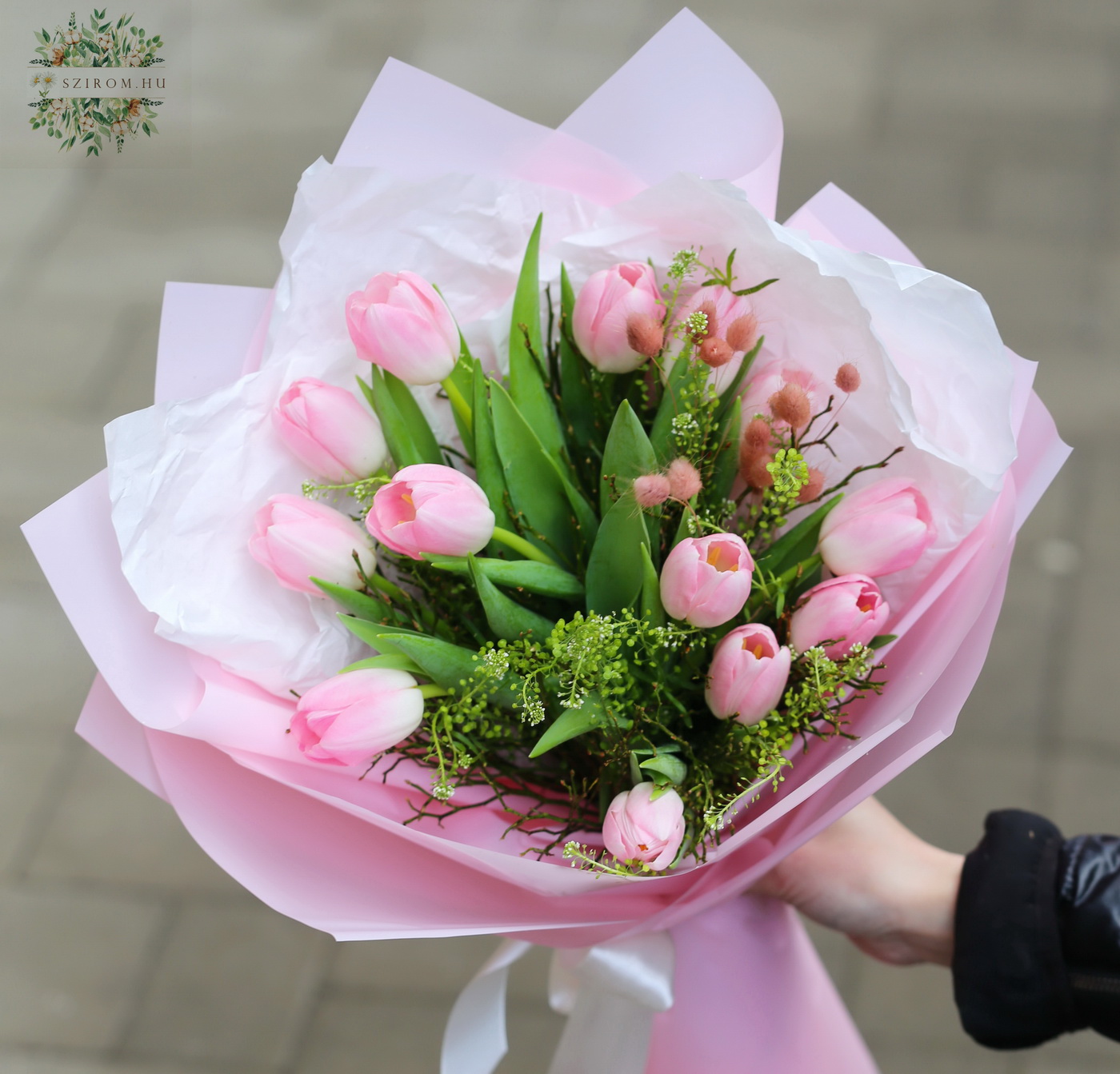 flower delivery Budapest - Pink tulips with bunny ears, and fluffy paper (13 stems)