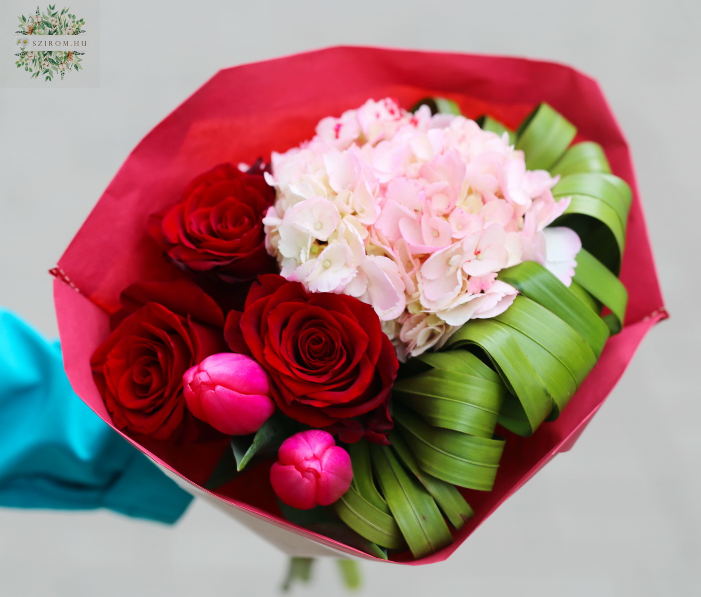 flower delivery Budapest - Small round bouquet with red roses, tulips, hydrangea (6 stems)