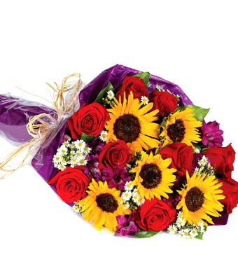flower delivery Budapest - sunflower with red roses and wildflowers (23 stems)
