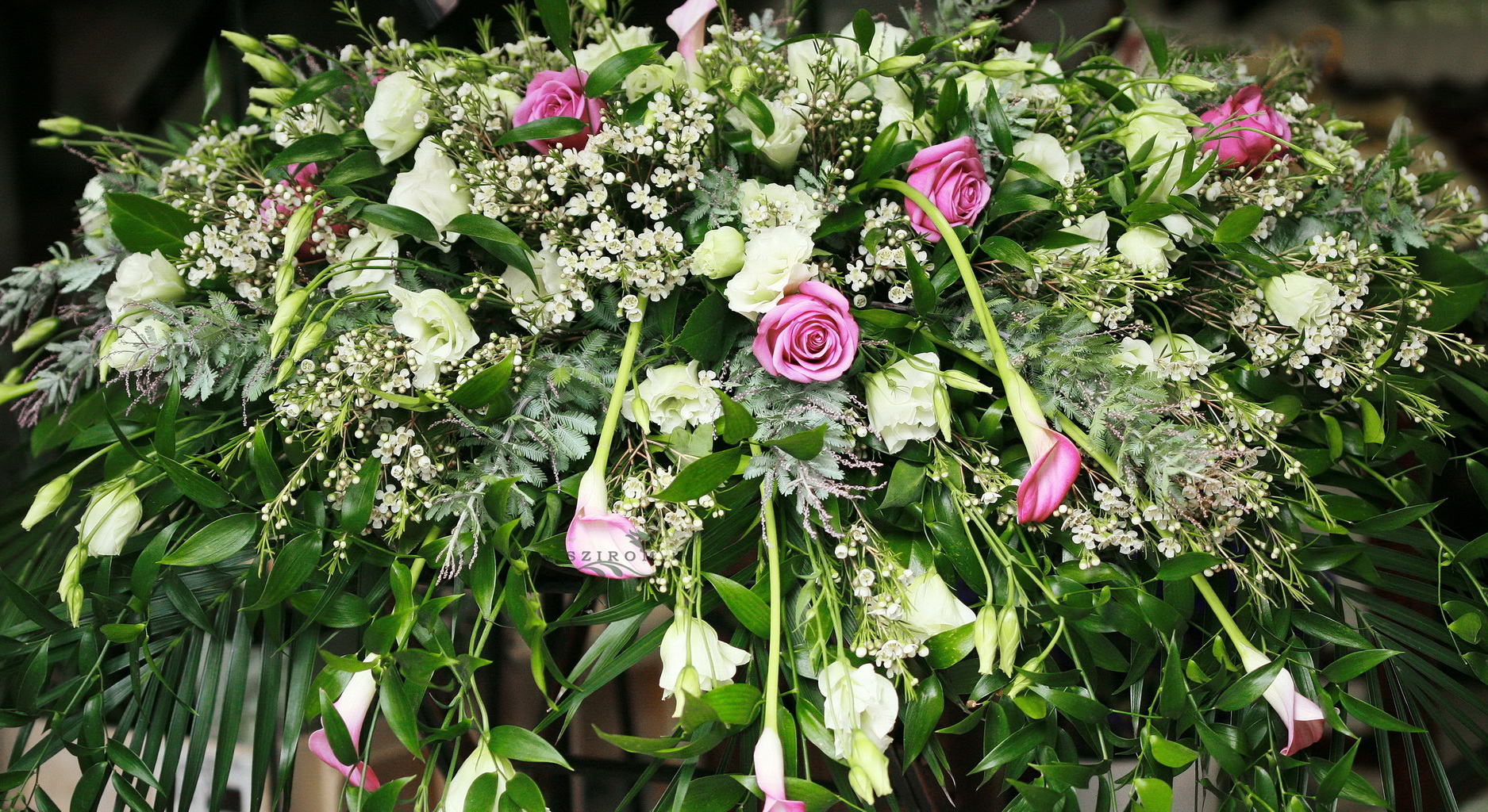Főasztaldísz (lila rózsa, fehér liziantusz, kála, wax, mimóza levél), esküvő