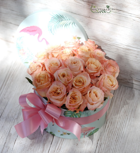 Blumenlieferung nach Budapest - Rosen Box mit Pfirsich Rosen (19 Stämme)