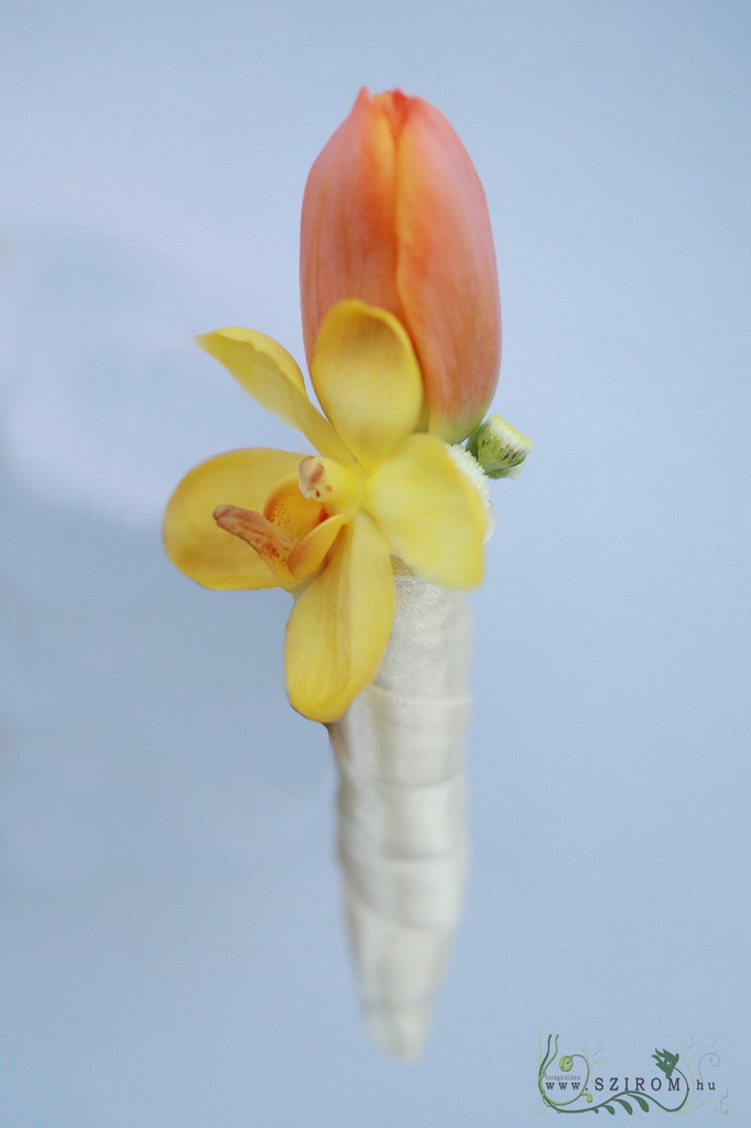 Vőlegény kitűző orchideából és tulipánból (sárga, narancssárga)