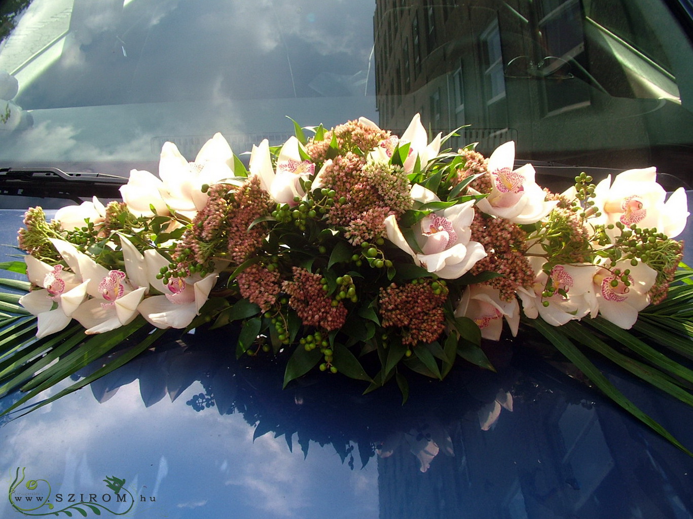 flower delivery Budapest - oval car flower arrangement with orchids and sedum, only in autumn (white)