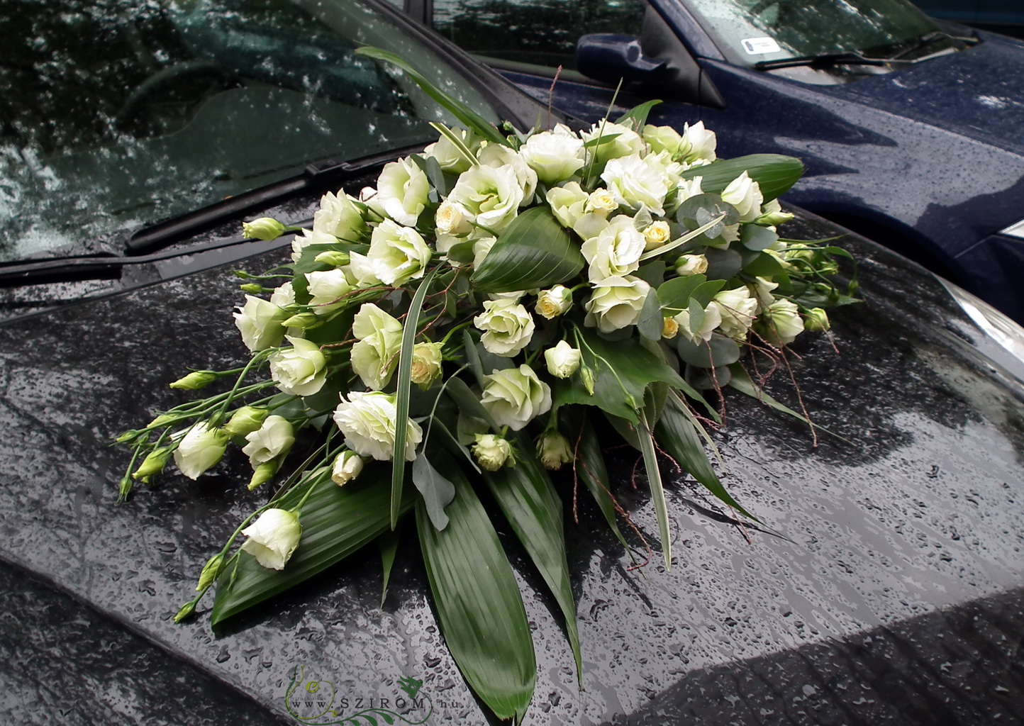 ovális autódísz liziantusszal és bokros rózsával ( krém, fehér)