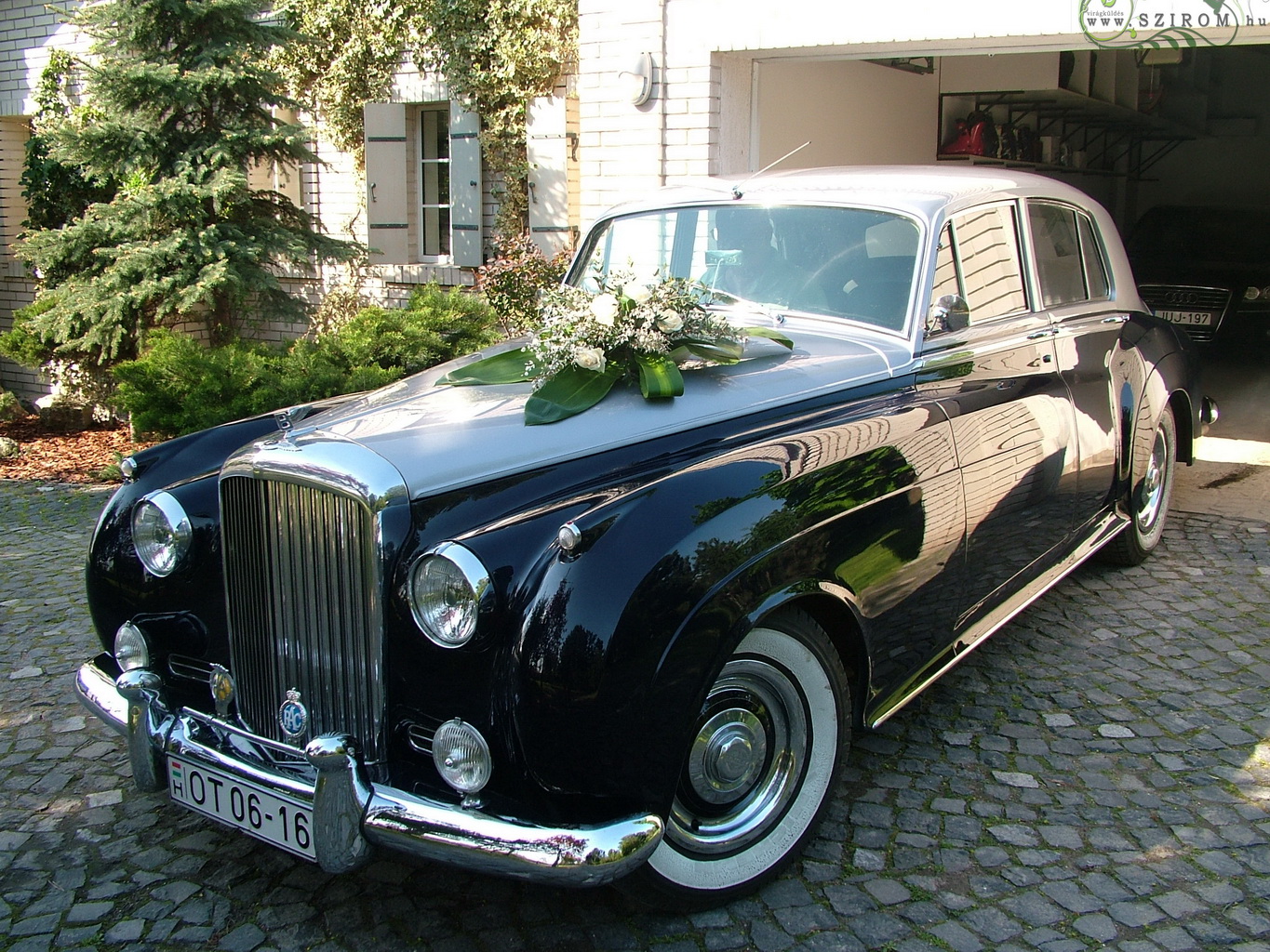 flower delivery Budapest - oval car flower arrangement with roses and genistas (white)