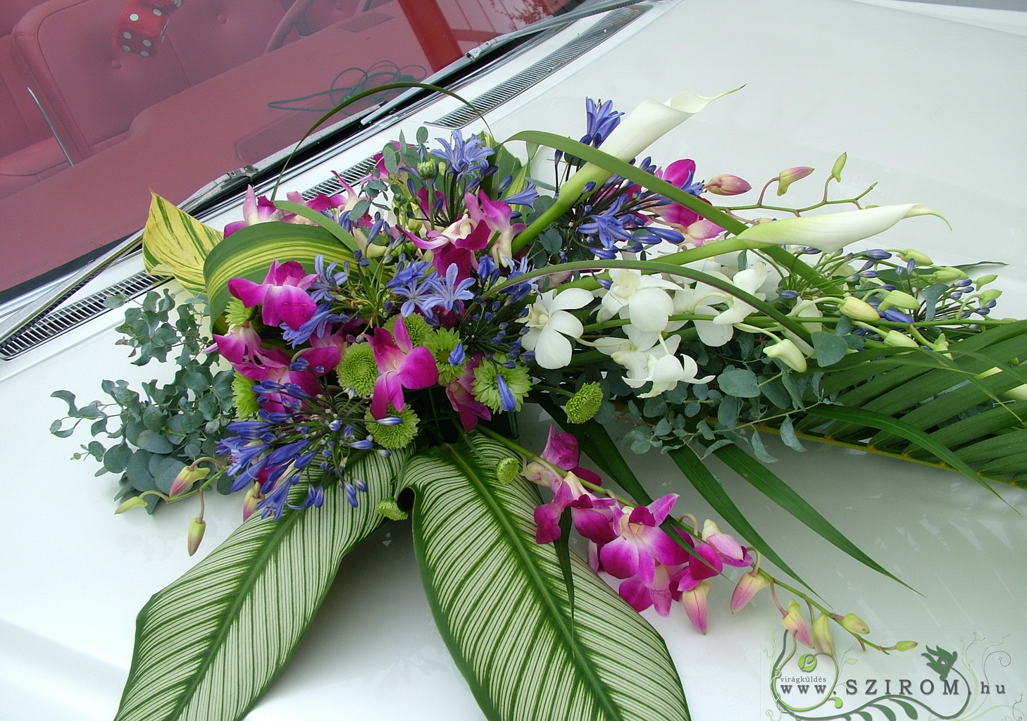 flower delivery Budapest - teardrop car flower arrangement with orchids (cala, agapanthus, white, blue, pink)