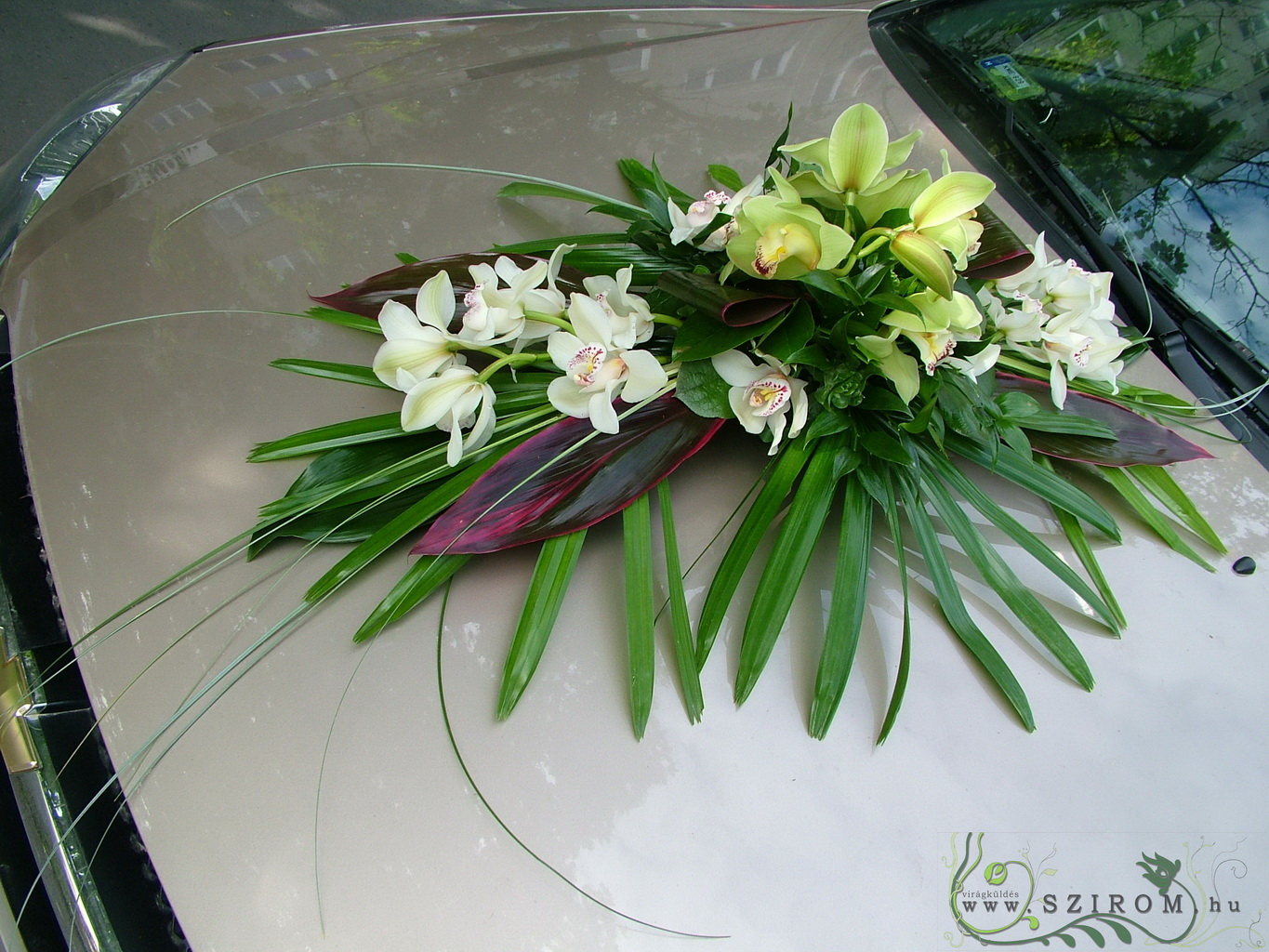 flower delivery Budapest - oval car flower arrangement with orchids (white,green)