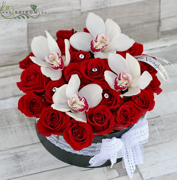 Blumenlieferung nach Budapest - Rote Rose-Box mit Orchideen (25 Stämme)