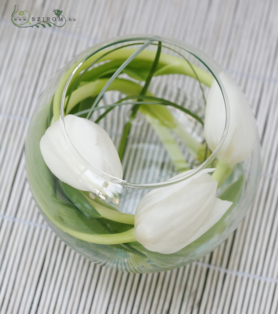 Üveggömb hajlított tulipánnal (fehér), esküvő
