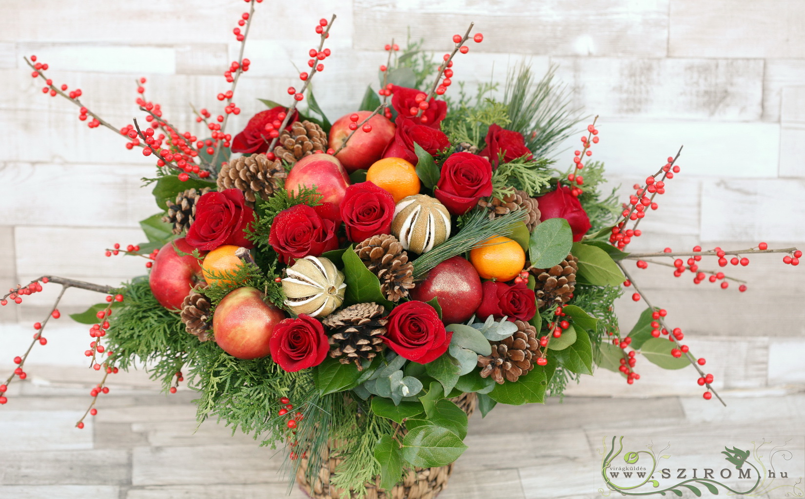 Főasztaldísz, őszi (rózsa, toboz, alma, őszi termések, vörös, narancs), esküvő
