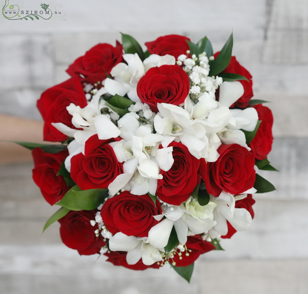 Menyasszonyi csokor vörös rózsával, fehér dendrobium orchideával
