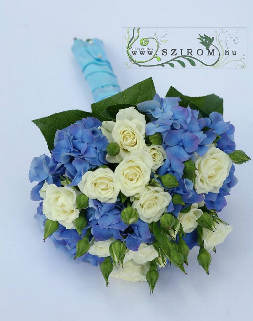 Bridal bouquet of blue hydrangeas and white spray roses (blue, white)