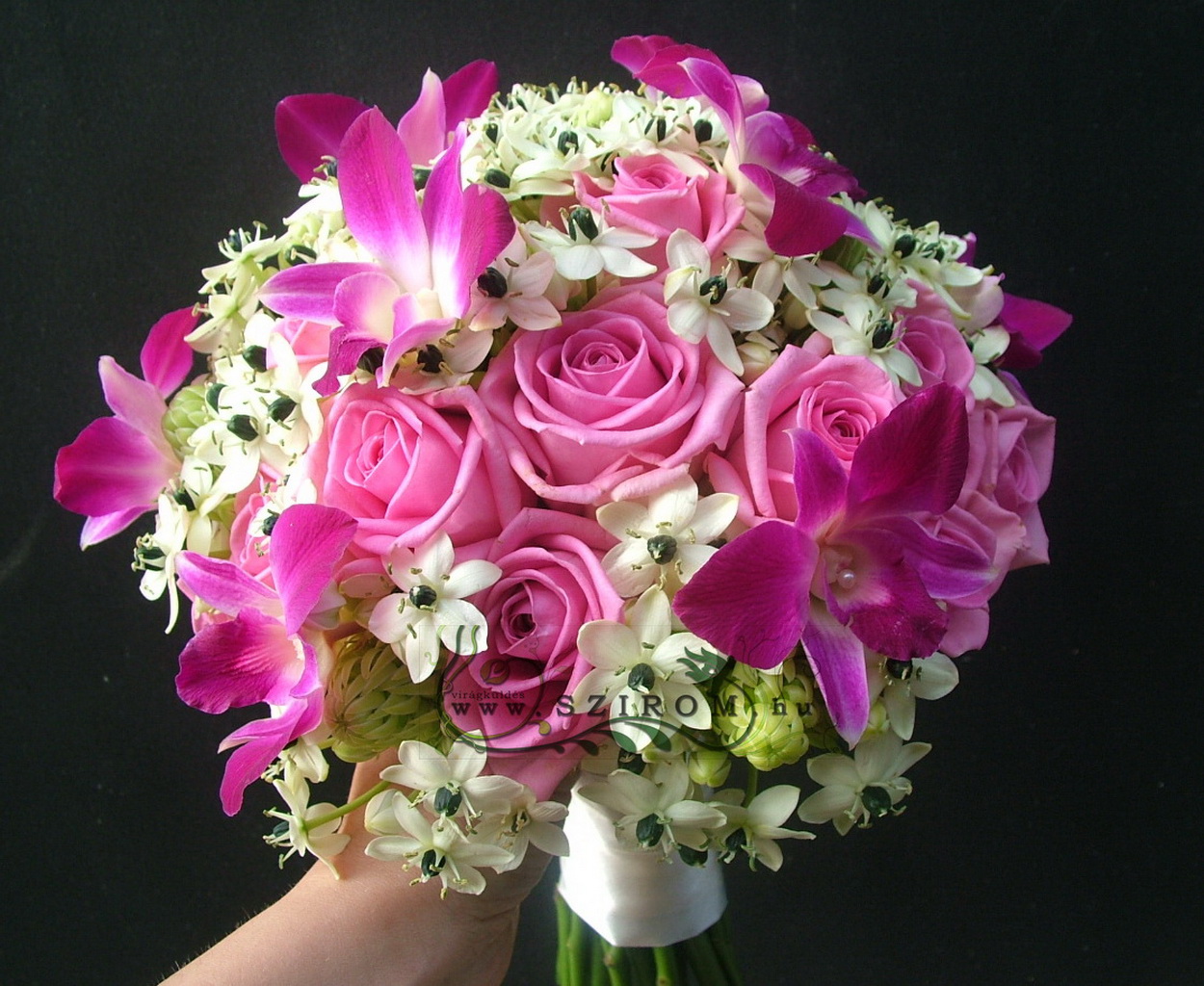 Menyasszony csokor rózsával, orchideával, ornithogalummal (fehér, rózsaszín)