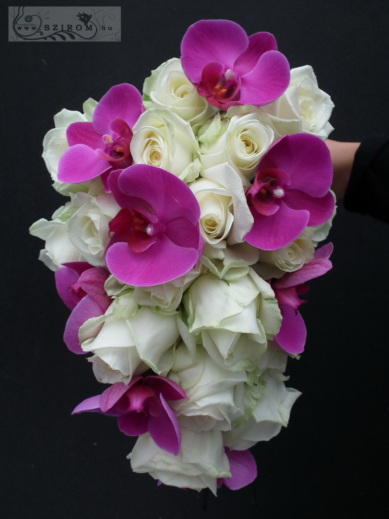 Menyasszonyi csokor rózsából, orchideával, csepp csokor (fehér, rózsaszín) 