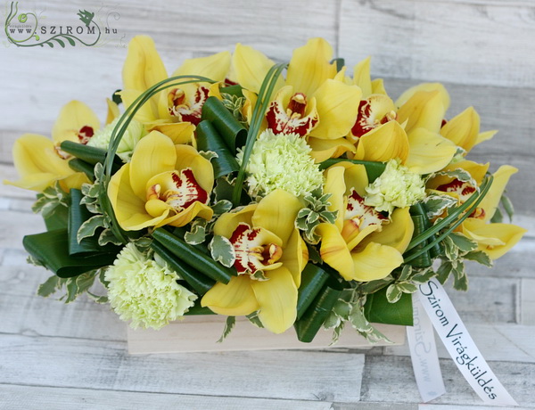 flower delivery Budapest - 10 yellow orchids in natural wooden box 