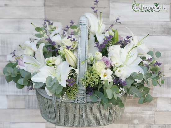 flower delivery Budapest - Basket with lilies in purple - white color (28 stems)