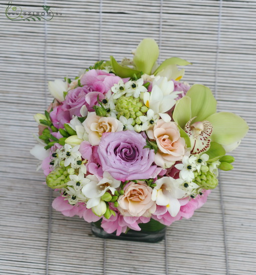 flower delivery Budapest - Glasscube with purple roses, ornithogalums, green orchids (20 stems)