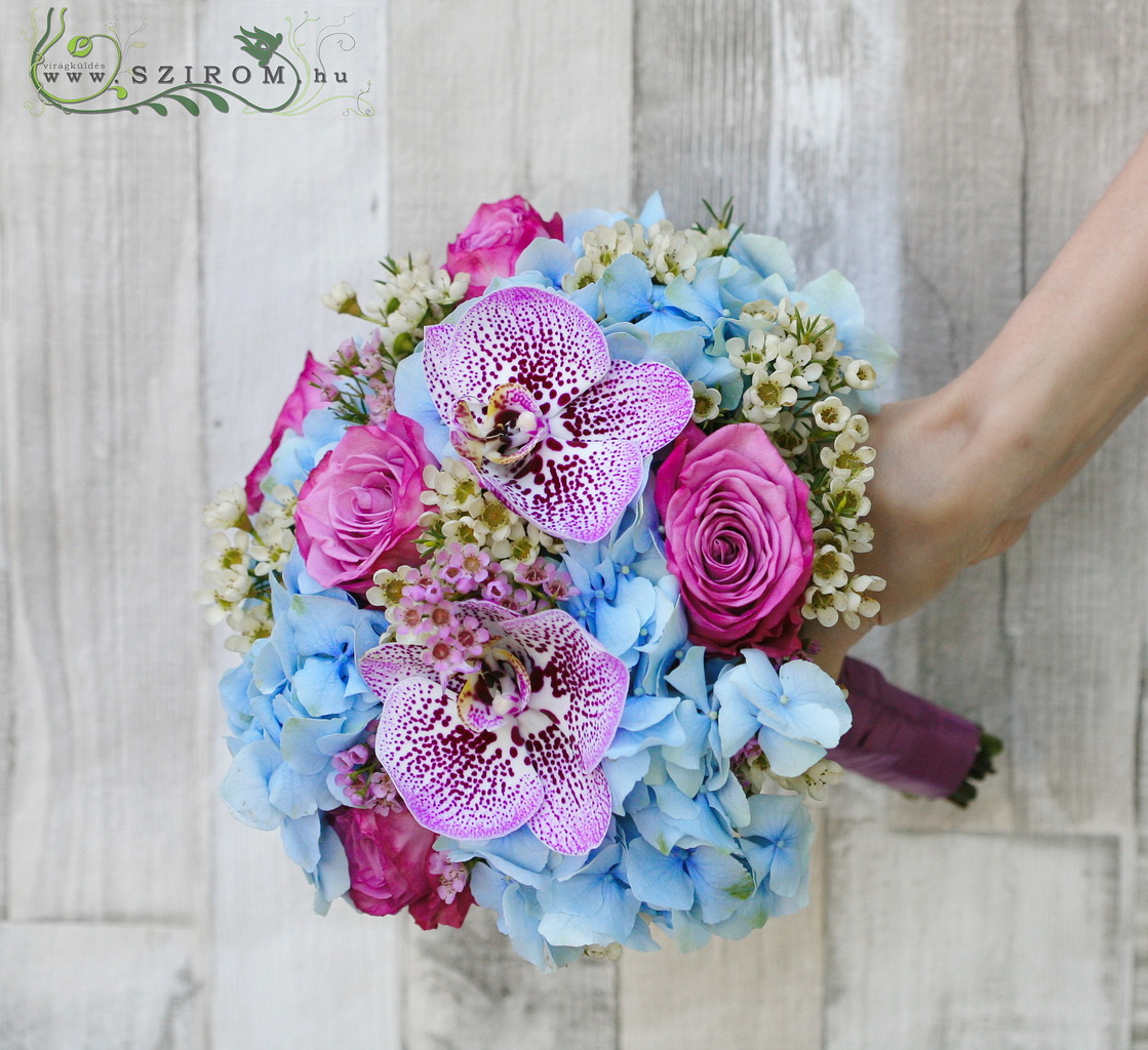 menyasszonyi csokor (hortenzia, rózsa, viaszvirág, phalaenopsis, kék, rózsaszín, lila)