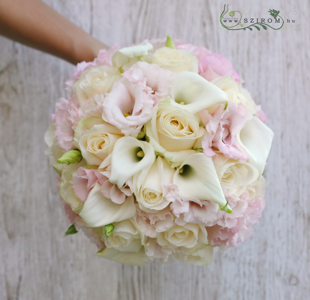 bridal bouquet (calla, lizianthus, roses, white, pink)