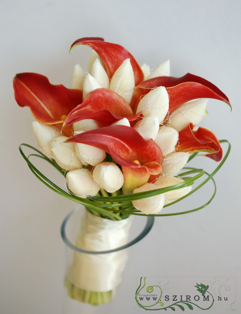 menyasszonyi csokor (tulipán, kála,  fehér, narancs) tél, tavasz