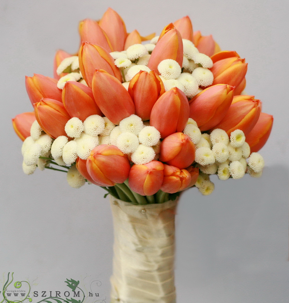 bridal bouquet (tulips, matricaria, white, orange) winter, spring