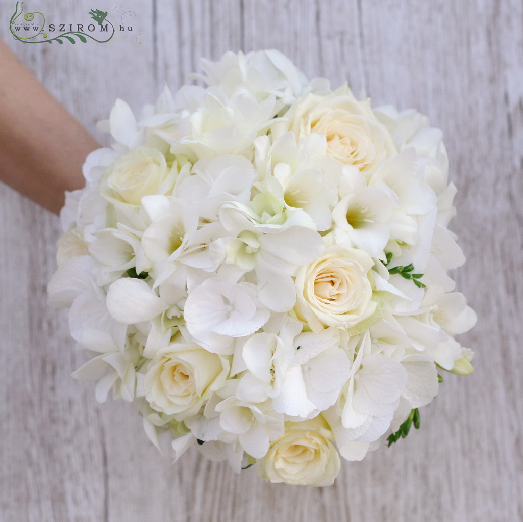 flower delivery Budapest - bridal bouquet (roses, hydrangea, freesia, white)