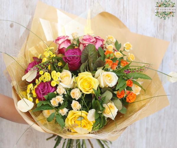 flower delivery Budapest - Colorfull rose bouquet with holografic paper, leafs (18 stems)