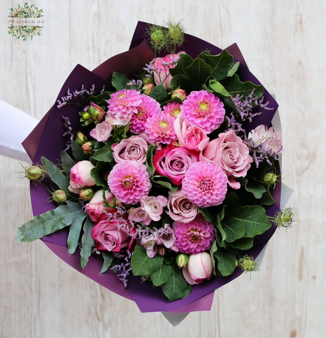 flower delivery Budapest - Round bouquet of dahlias, freesias and roses 23 stems)