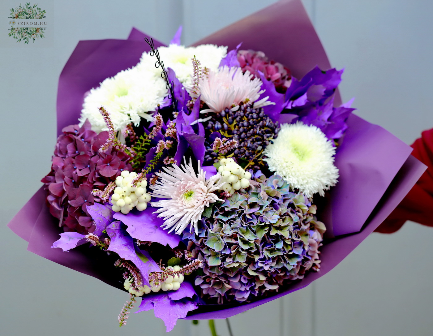 flower delivery Budapest - Autumn bouquet with purple oak leaf, hydrangeas, chrysies, berries