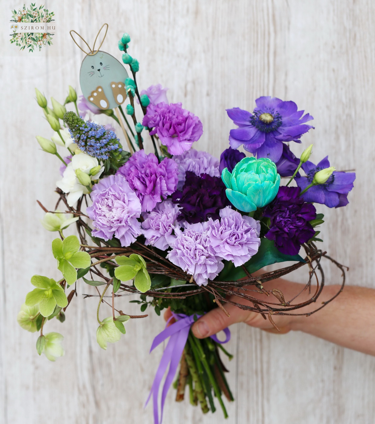 flower delivery Budapest - Spring bouquet with bunny, purple